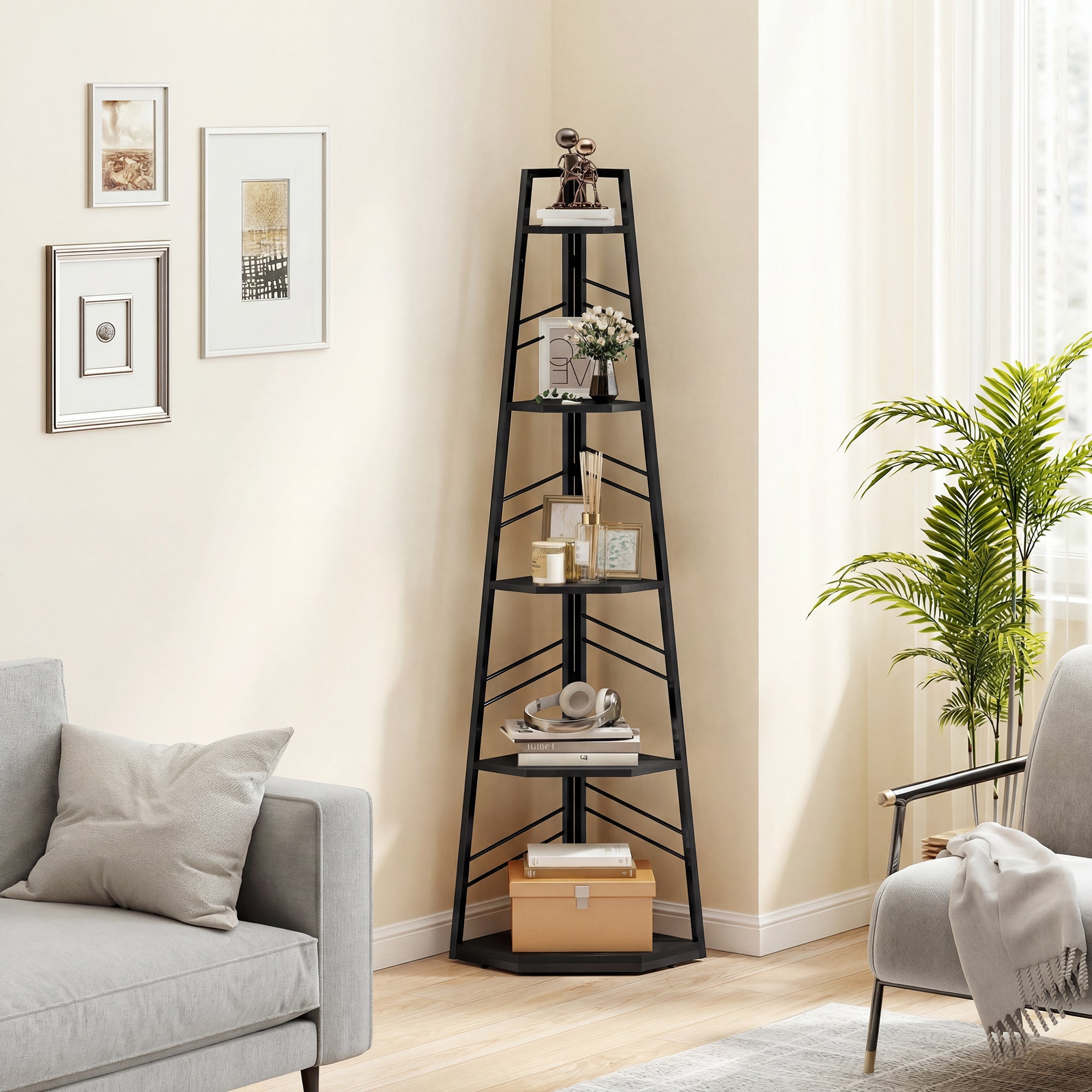 HOMCOM Corner Bookcase, 5-Tier Floor Standing Bookshelf, Shelving Unit for Living Room, Study, Bedroom, Black 