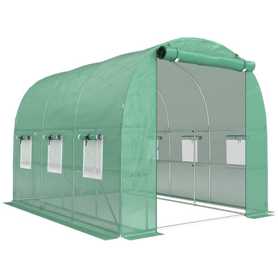 Outsunny Walk-in Greenhouse with Shelves, Polytunnel Greenhouse with Roll-Up Door, 6 Mesh Windows,198 x 275 x 191 cm, Green 