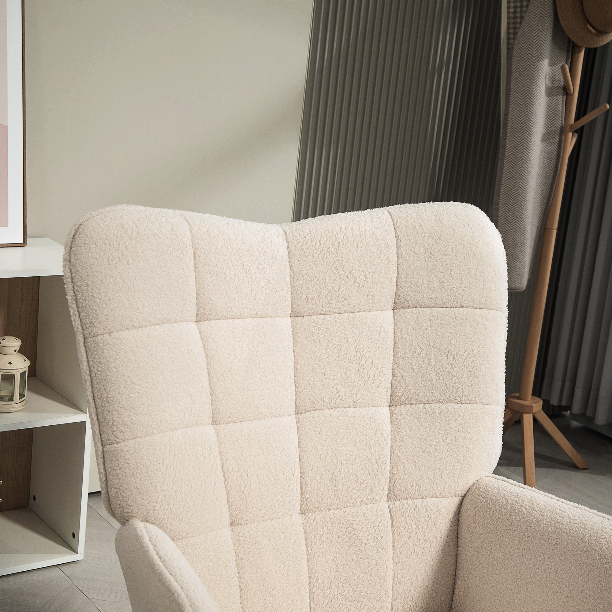 HOMCOM Modern Accent Chair, Upholstered Tufted Wingback Armchair with Seat Padding, Teddy Fleece Leisure Lounge Bedroom Chair with Wood Legs, Cream White