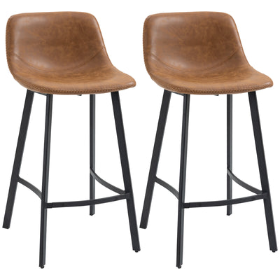 HOMCOM Bar Stools Set of 2, Industrial Kitchen Stool, Upholstered Bar Chairs with Back, Steel Legs, Brown 