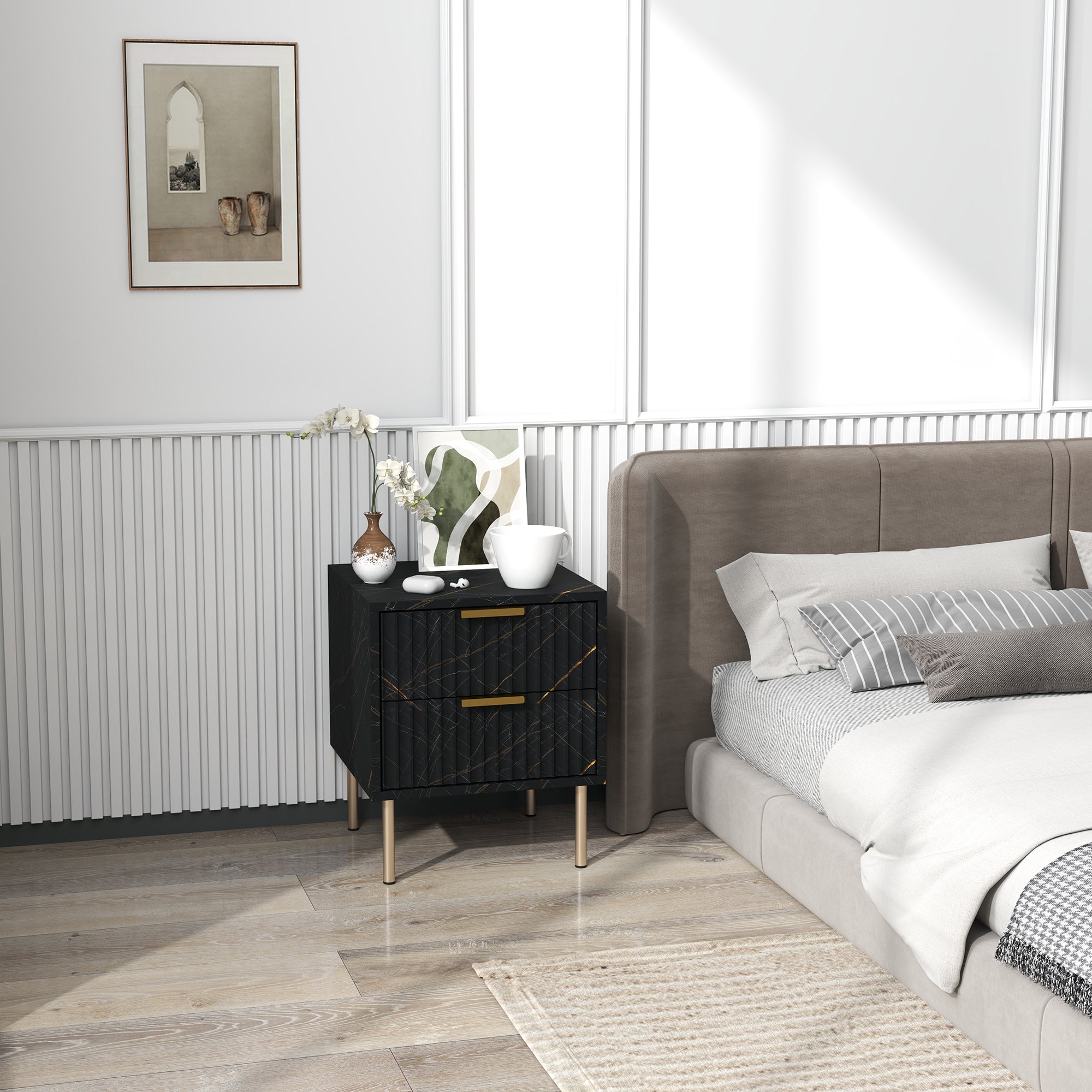 HOMCOM Elegant Two-Drawer Bedside Table - Black 