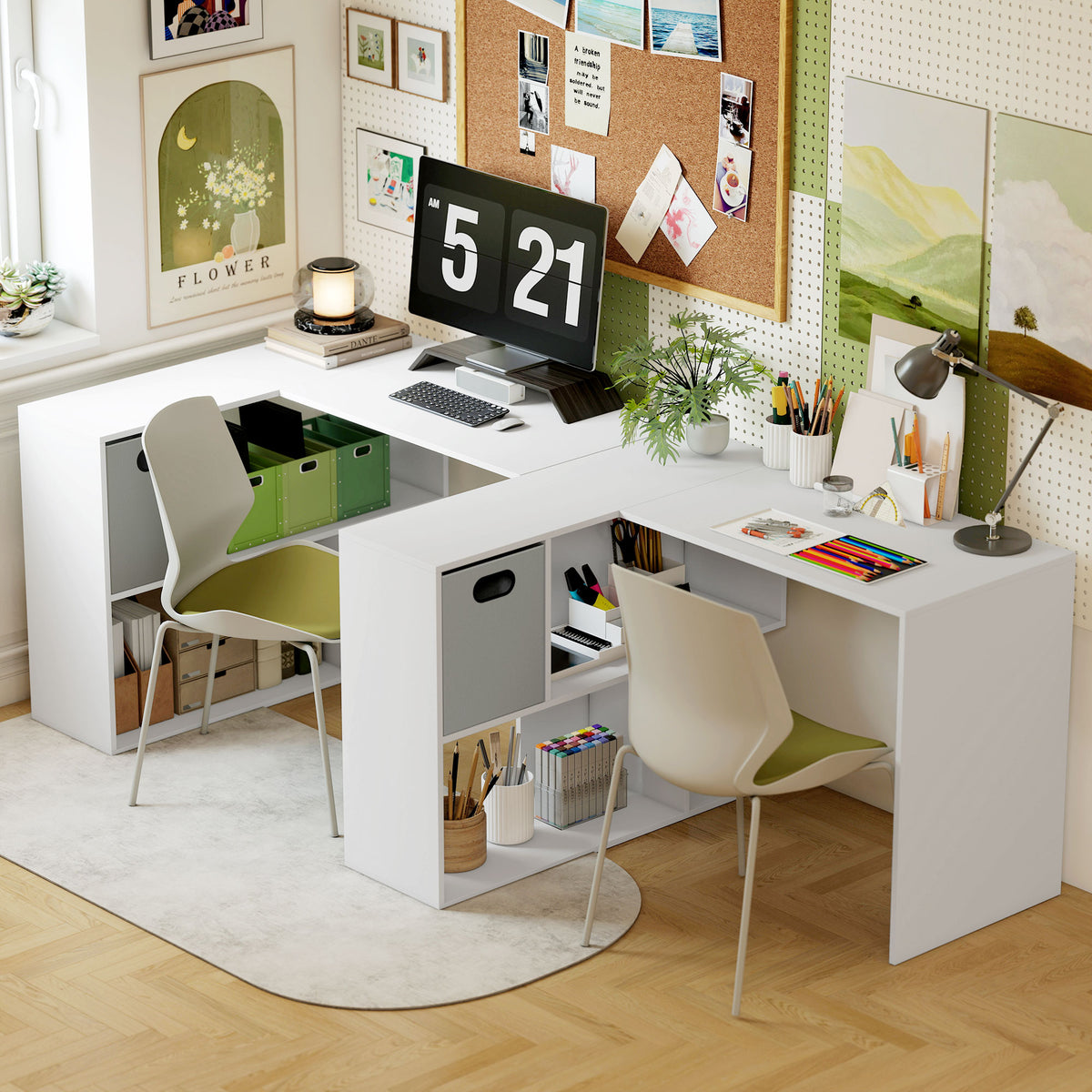 HOMCOM L Shaped Computer Desk, 110 x 100cm Reversible Corner Desk with Fabric Drawer and Storage Shelves, White