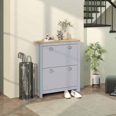 HOMCOM 2 Drawer Shoe Cabinet Modern Narrow Shoe Cupboard Hallway Wooden Storage Organiser with Flip Doors Adjustable Shelf for 6-12 Pairs, Grey 