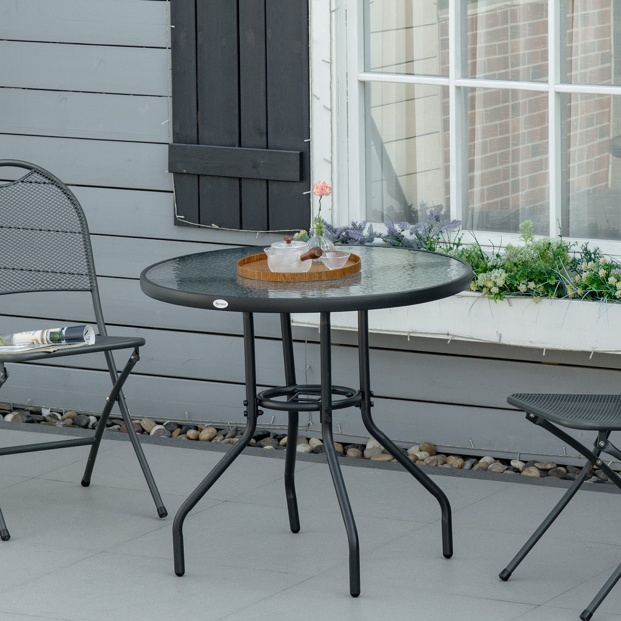 Outsunny Outdoor φ80cm Round Dining Table Tempered Glass Top Steel Frame Bistro Coffee End Side Table Garden w/ Parasol Hole 