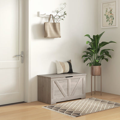 HOMCOM 100L Home Storage Box, with Safety Hinges - Grey Wood-Effect 