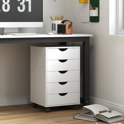 HOMCOM 5 Drawer Mobile Filing Cabinet, Vertical File Cabinet, Modern Rolling Office Storage Organizer Cupboard, White 