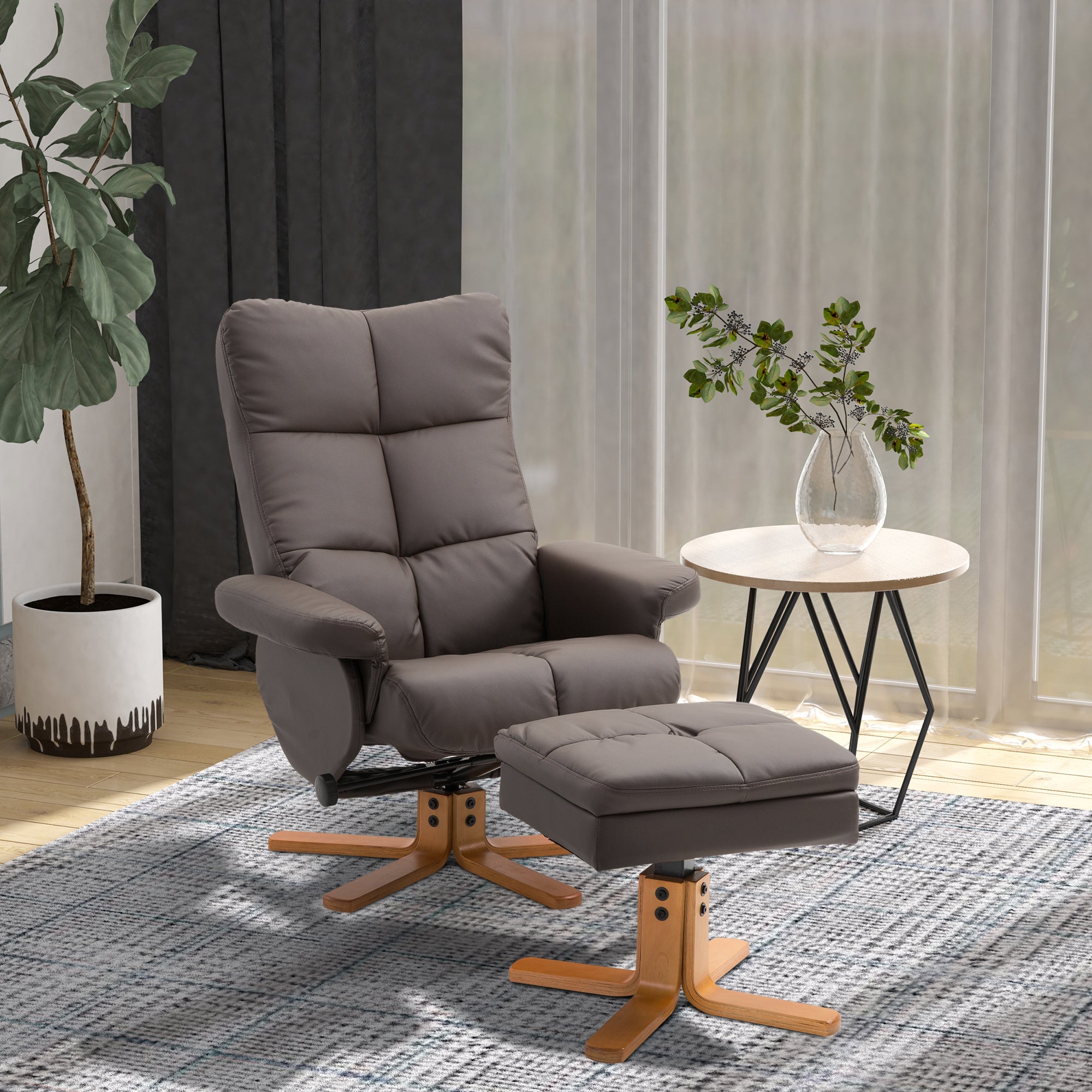 HOMCOM Recliner Armchair, Swivel Reclining Chair With Ottoman, Swivel Faux Leather Chair with Wooden Base and Storage Footstool for Living Room, Brown 