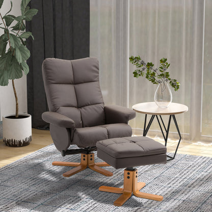 HOMCOM Recliner Armchair, Swivel Reclining Chair With Ottoman, Swivel Faux Leather Chair with Wooden Base and Storage Footstool for Living Room, Brown 