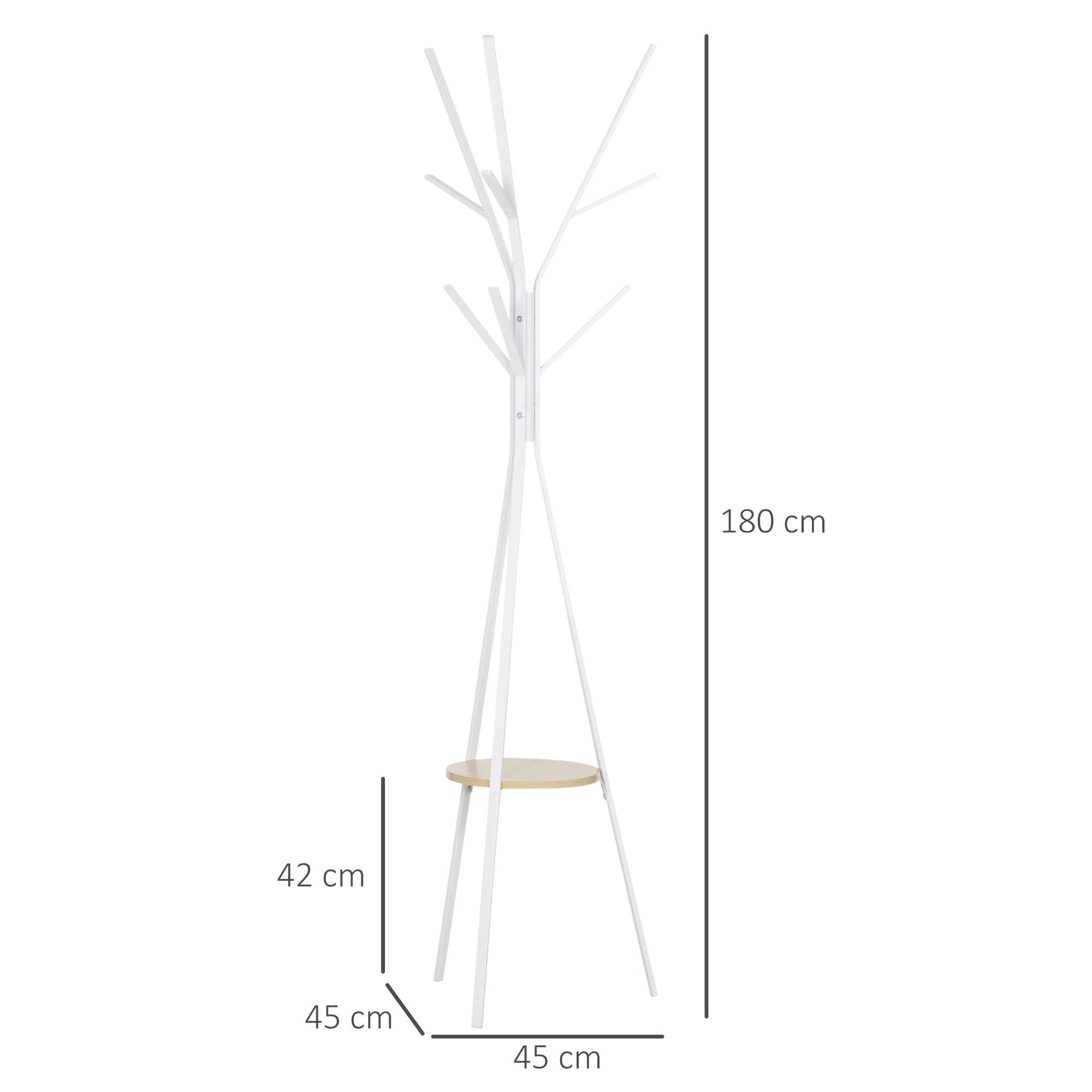 HOMCOM Freestanding Metal Coat Rack Stand 9 Hooks Clothes Tree with 1 Shelf Hat Display Hall Tree Hanger Bag Umbrella Hanging Organiser White 