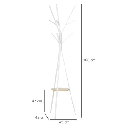 HOMCOM Freestanding Metal Coat Rack Stand 9 Hooks Clothes Tree with 1 Shelf Hat Display Hall Tree Hanger Bag Umbrella Hanging Organiser White 