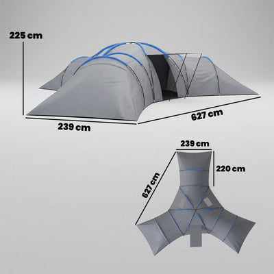 Outsunny 6-9 Man Large Tunnel Tent with 3 Bedrooms, Living Area and Porch, Stand-up Camping Tent, Portable with Bag, Light Grey 
