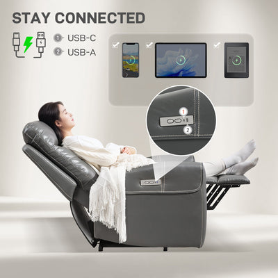 HOMCOM Power Lift Recliner Chair for Elderly, Overstuffed Faux Leather Riser and Reclining Chair with USB A+C Ports, Remote Control, Recliner Armchair for Living Room, Charcoal Grey 