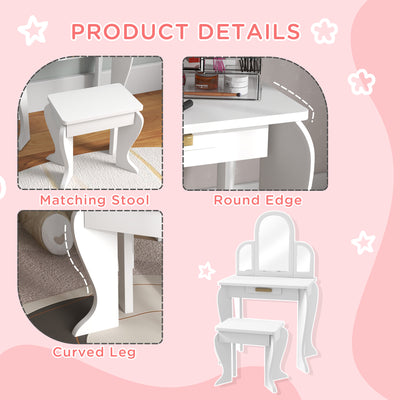 HOMCOM Kids Dressing Table Set, with Mirror and Drawer - White 