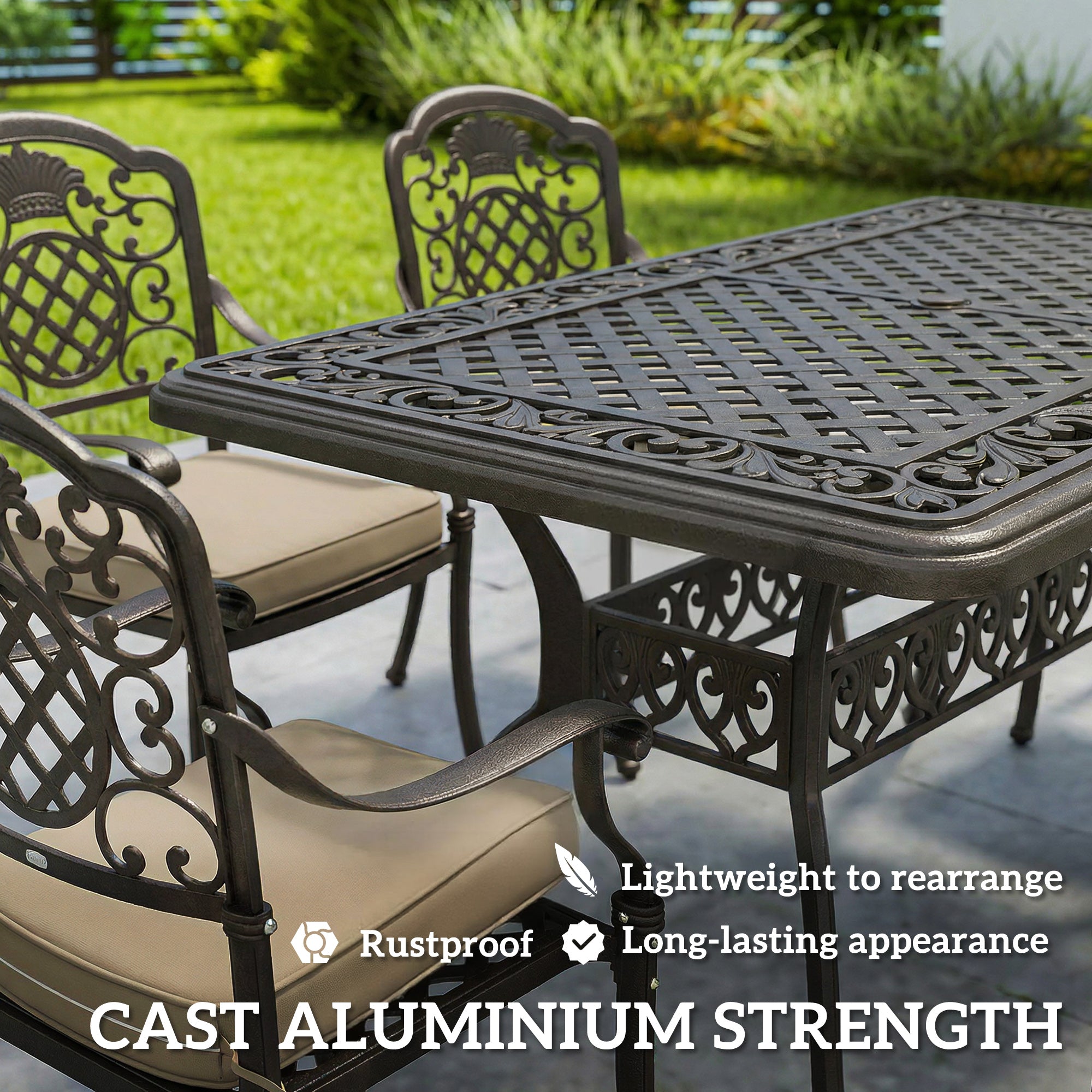 Outsunny Garden Dining Set for 6, Cast Aluminium Outdoor Table and Chairs Set with Cushions, Parasol Hole for Patio, Bronze Tone 