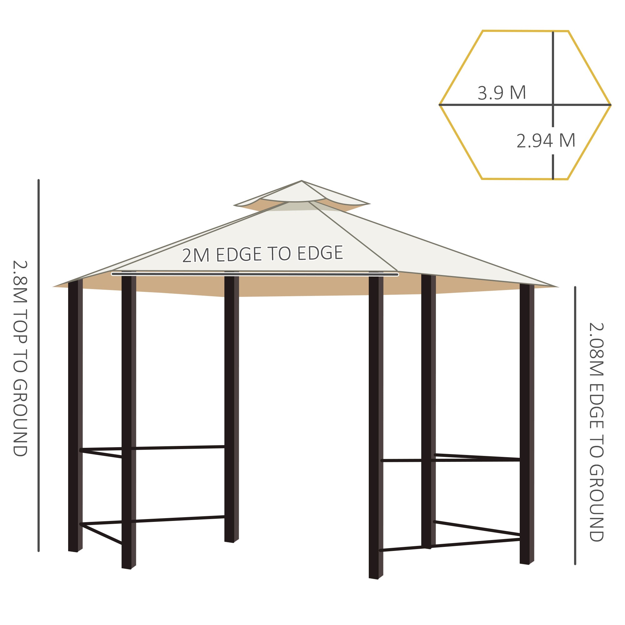 Outsunny 3 x 3(m) Hexagon Gazebo Patio Canopy Party Tent Outdoor Garden Shelter w/ 2 Tier Roof & Side Panel - Beige 