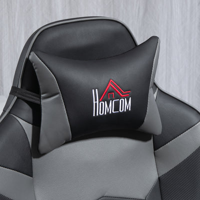 HOMCOM Massage Recliner Chair with Remote, PU Leather Recliner Armchair with Cup Holders and Side Pockets, Racing Style Reclining Chair with Headrest, 360° Swivel, Lumbar Support, Grey 