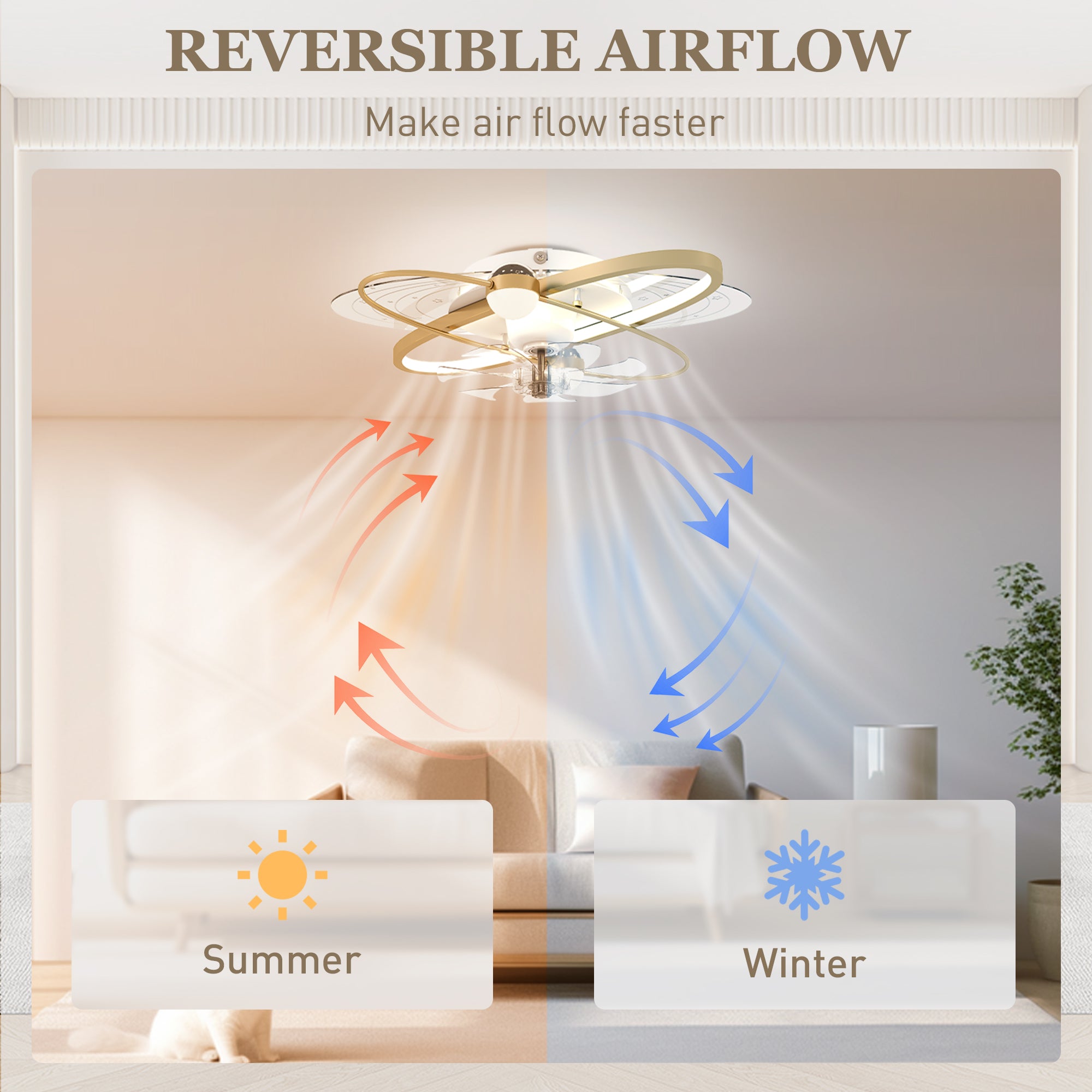 HOMCOM Ceiling Fan with Light and Remote, 3 Colour Temperatures, LED Mount Ceiling Fan Light for Bedroom, Gold Tone 