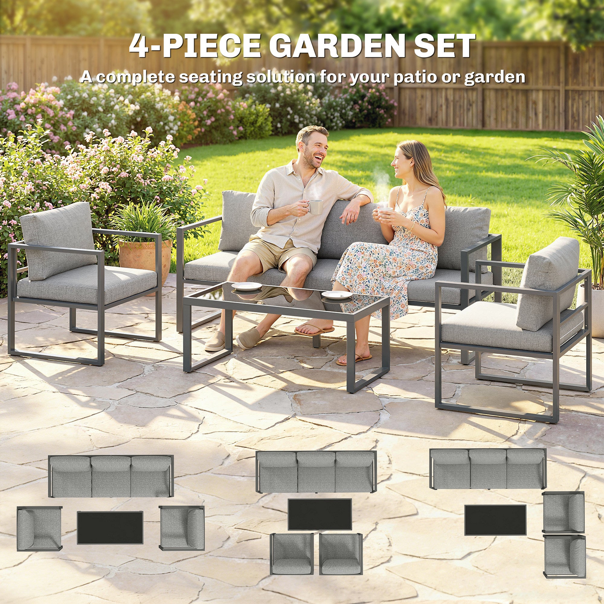Outsunny 4 Piece Outdoor Garden Furniture Set, Patio Furniture with 3-Seater Sofa, Armchairs and Coffee Table 