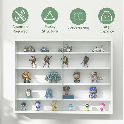 HOMCOM 5-Tier Wall Display Shelf Unit Cabinet w/ 4 Adjustable Shelves Glass Doors Home Office Ornaments 60x80cm White 