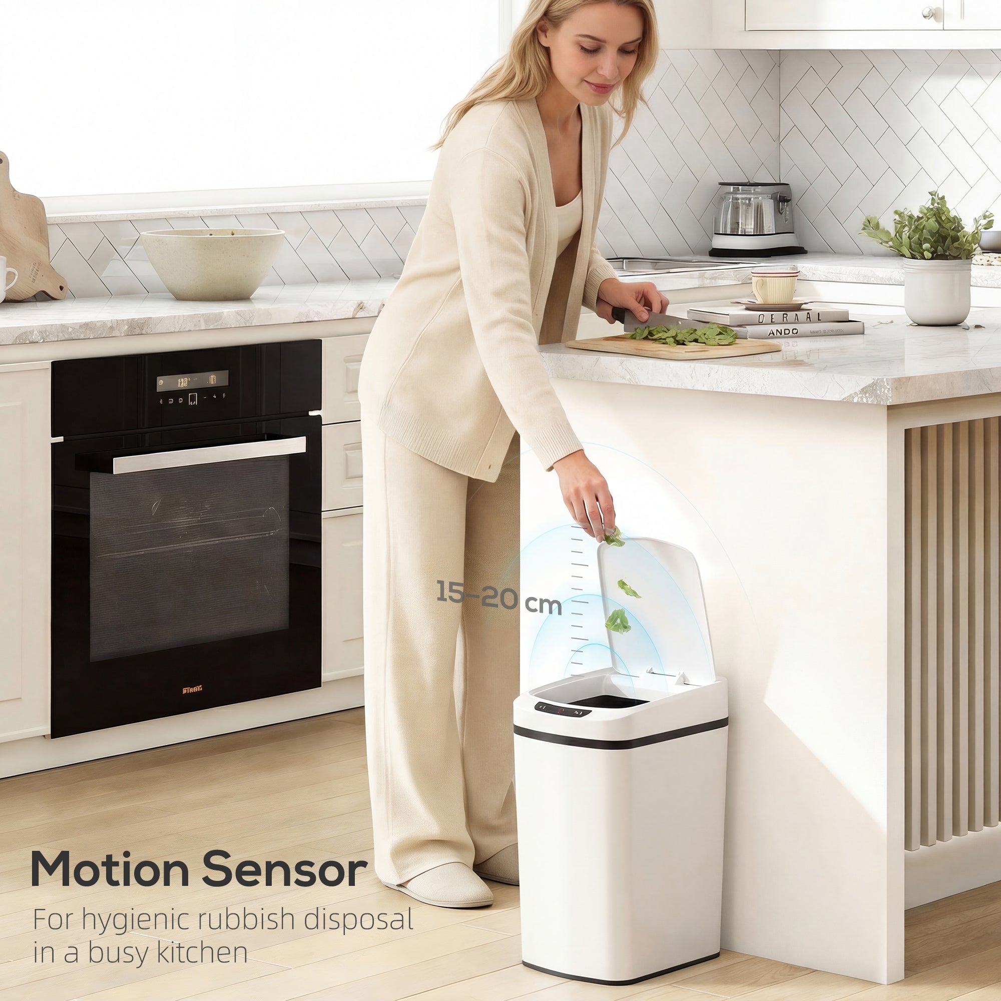 HOMCOM 12L Sensor Bin, Automatic Touchless Motion Sensor Kitchen Bin with Fingerprint Resistant Stainless Steel, White 