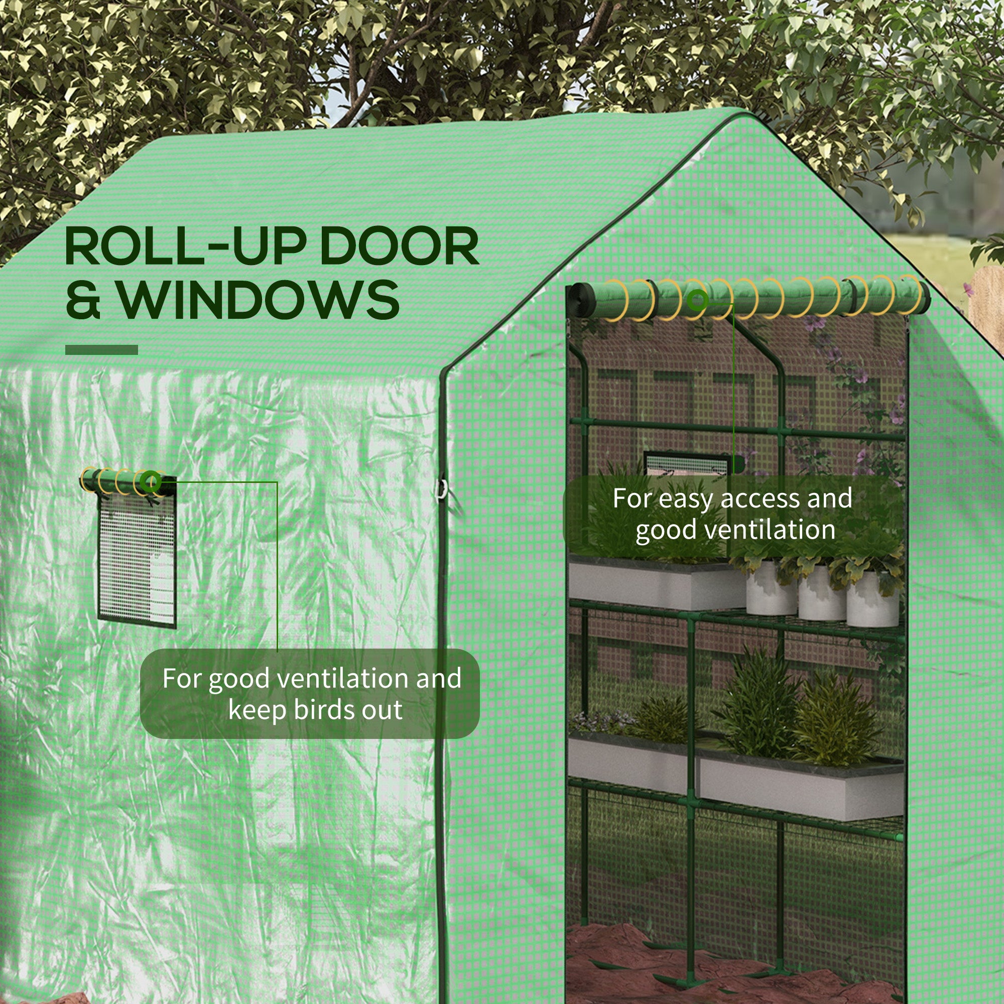Outsunny Walk-in Greenhouse with 3 Tier 12 Shelves, Small Greenhouse with Reinforced PE Cover, Garden Plant Growhouse with Roll-up Door and Three Mesh Windows, 140 x 213 x 190 cm, Green 