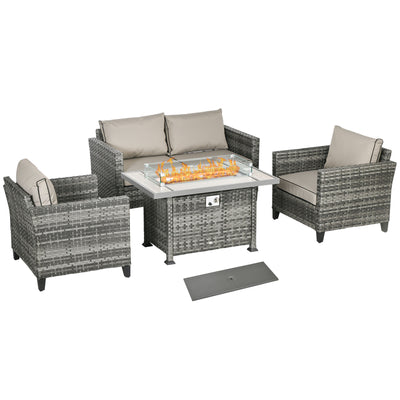 Outsunny 5-Piece Rattan Patio Furniture Set with Gas Fire Pit Table, Loveseat Sofa, Armchairs, Cushions, Pillows, Grey 
