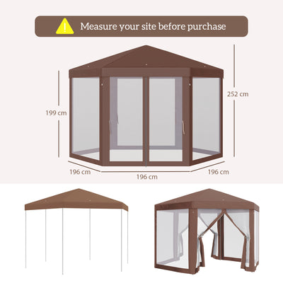 Outsunny Hexagonal Garden Gazebo Patio Party Outdoor Canopy Tent Sun Shelter with Mosquito Netting and Zipped Door, Brown 