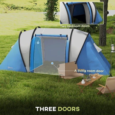 Outsunny Camping Tent with 2 Bedrooms and Living Area, 3000mm Waterproof Family Tent, for Fishing Hiking Festival, Blue 