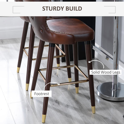 HOMCOM Bar Stools Set of 2, PU Leather Vintage Counter-Height Bar Chair, Luxury European Style Kitchen Stools with Back, Brown 