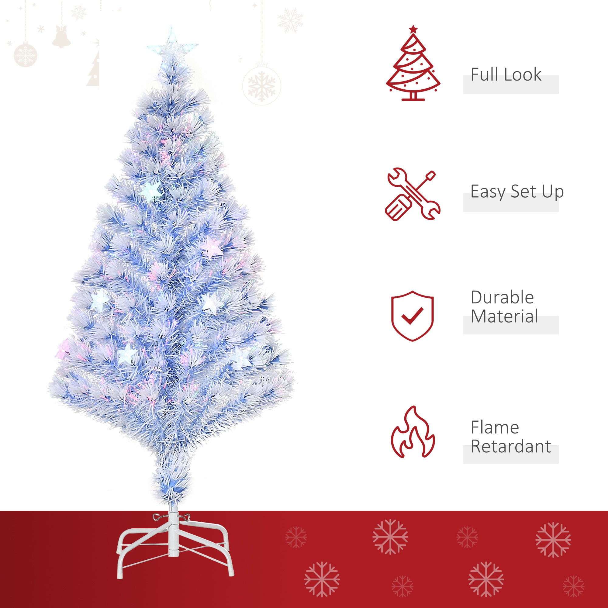 HOMCOM 4FT Artificial Fibre Optic Christmas Tree Seasonal Decoration w/ LED Lights Pre-Lit Easy Store White Blue 