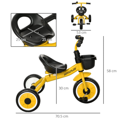 AIYAPLAY Kids Trike, Tricycle, with Adjustable Seat, Basket, Bell, for Ages 2-5 Years - Yellow 