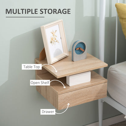 HOMCOM Set of Two Floating Bedside Tables - Oak Tone 