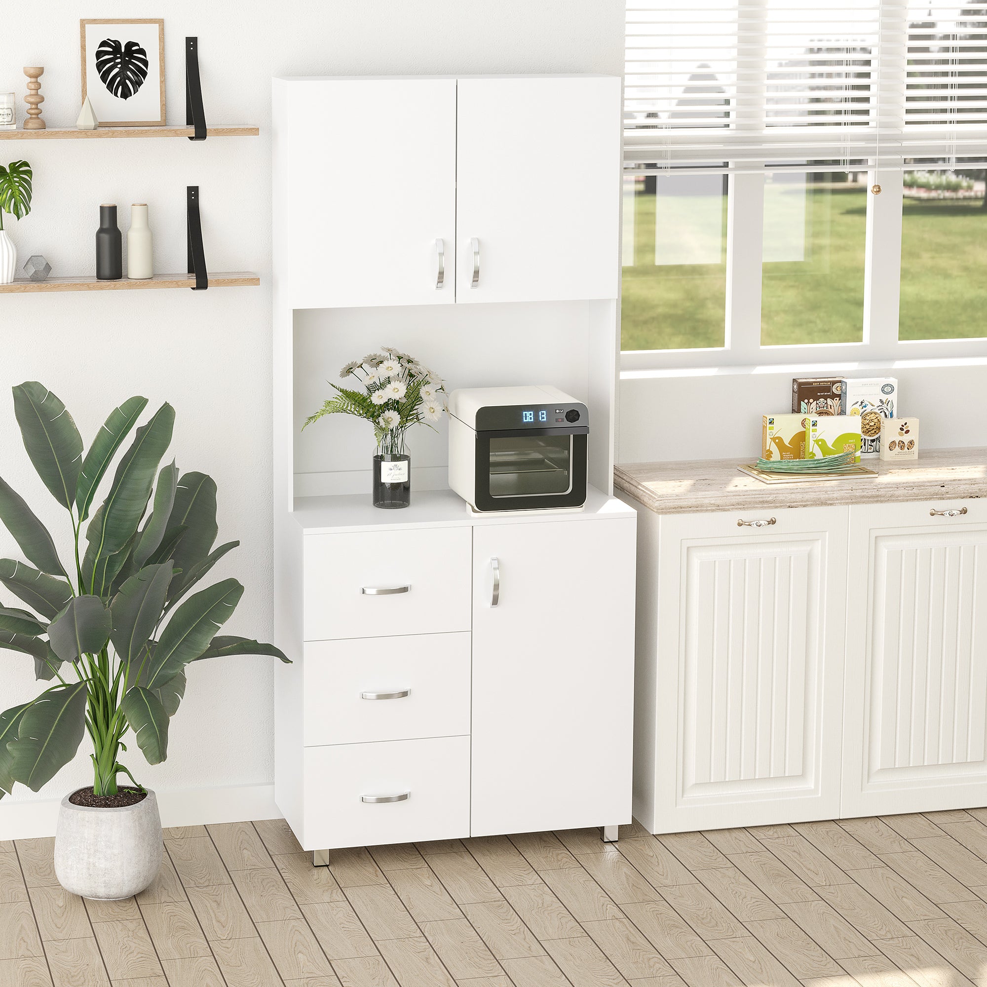 HOMCOM Free standing Kitchen Cupboard, Storage Cabinet with Doors and Sheleves, 3 drawers and Open Space, Adjustable Height Storage Unit, White 