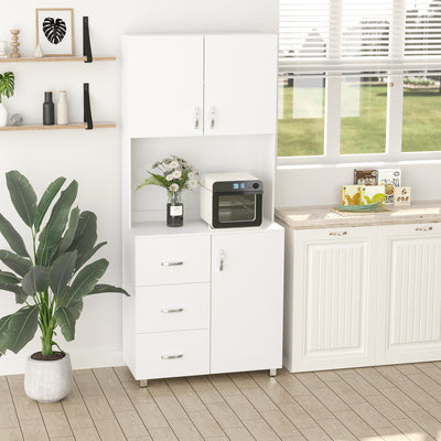 HOMCOM Free standing Kitchen Cupboard, Storage Cabinet with Doors and Sheleves, 3 drawers and Open Space, Adjustable Height Storage Unit, White 
