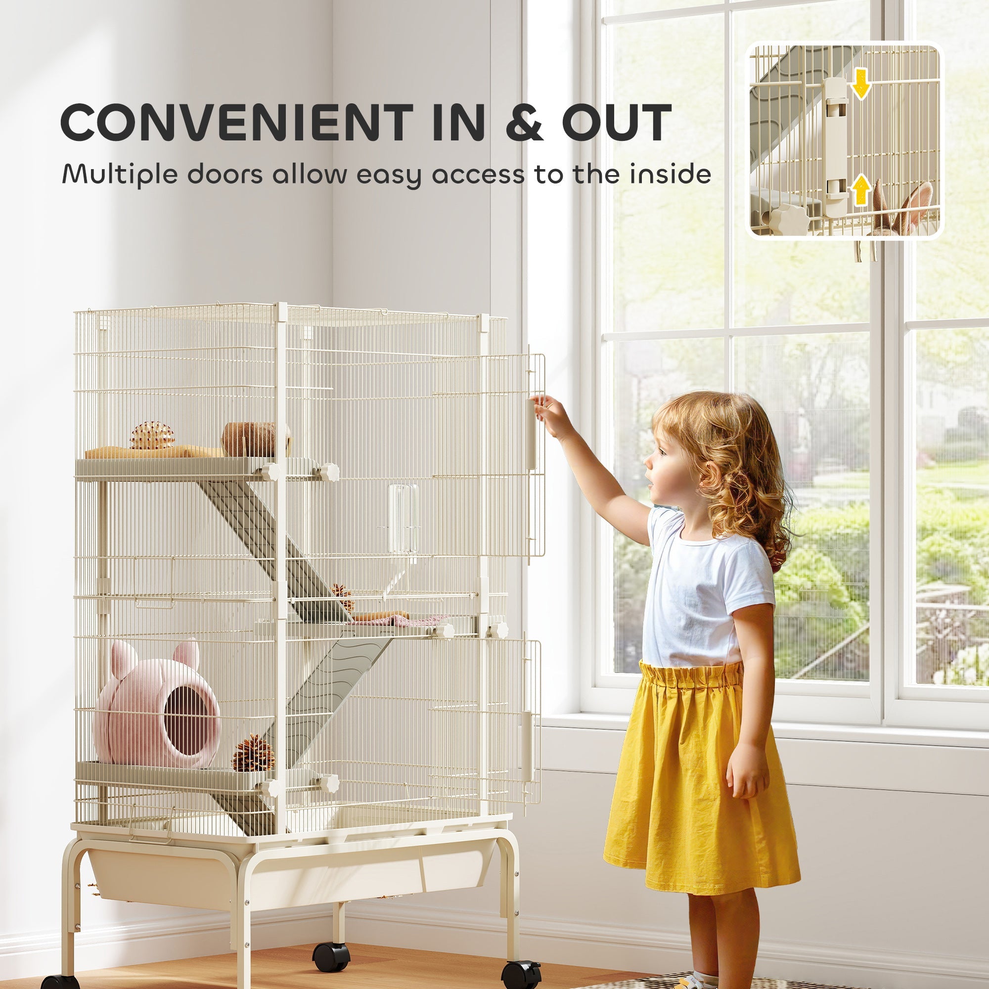 PawHut 4 Levels Rolling Small Animal Cage, Rabbit Cage with 3 Ramps, Water Bottle, Food Dish, 15cm Deep Tray, Beige 