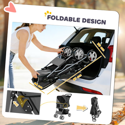 PawHut Dog Pram, Pet Stroller with Reflective Strips, Foldable Cat Stroller with 360° Swivel Wheels, Dark Grey 
