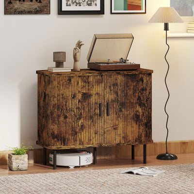 HOMCOM Mid-Century Modern Sideboard Storage Cabinet with Slatted Tambour Sliding Doors, Kitchen Cabinet with Steel Legs, Rustic Brown 