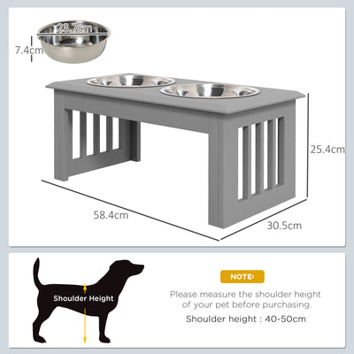 PawHut Raised Dog Feeding Bowls with Stand, Stainless Steel for Medium Dog, 58L x 31W x 25H cm - Grey 