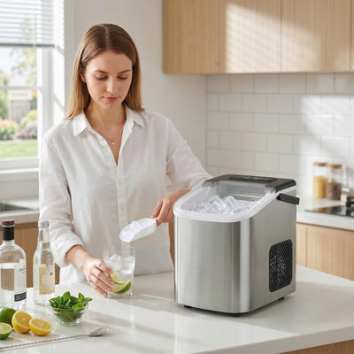 HOMCOM Ice Maker Machine Countertop, 9 Cubes Ready in 7 Mins, 12 KG in 24Hrs, 2 Sizes of Bullet, Self-Cleaning Ice Machine with Portable Handle, Scoop and Basket for Home Kitchen Office RV 