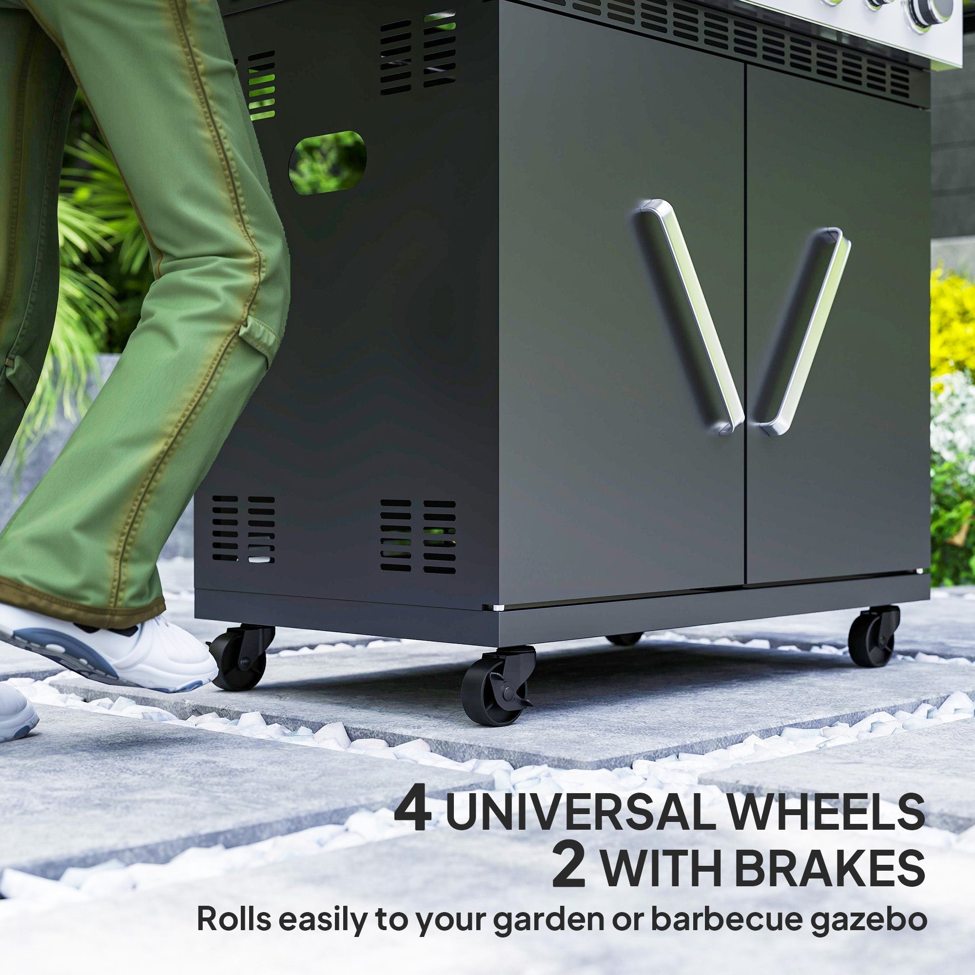 Outsunny 4+1 Burner Gas BBQ Grill with Clear View Lid, Portable Gas Barbecue Grill with Built-in Thermometer, Side Table, Cabinet, Wheels, Grease Tray for Garden Party Outdoor Cooking, Black 