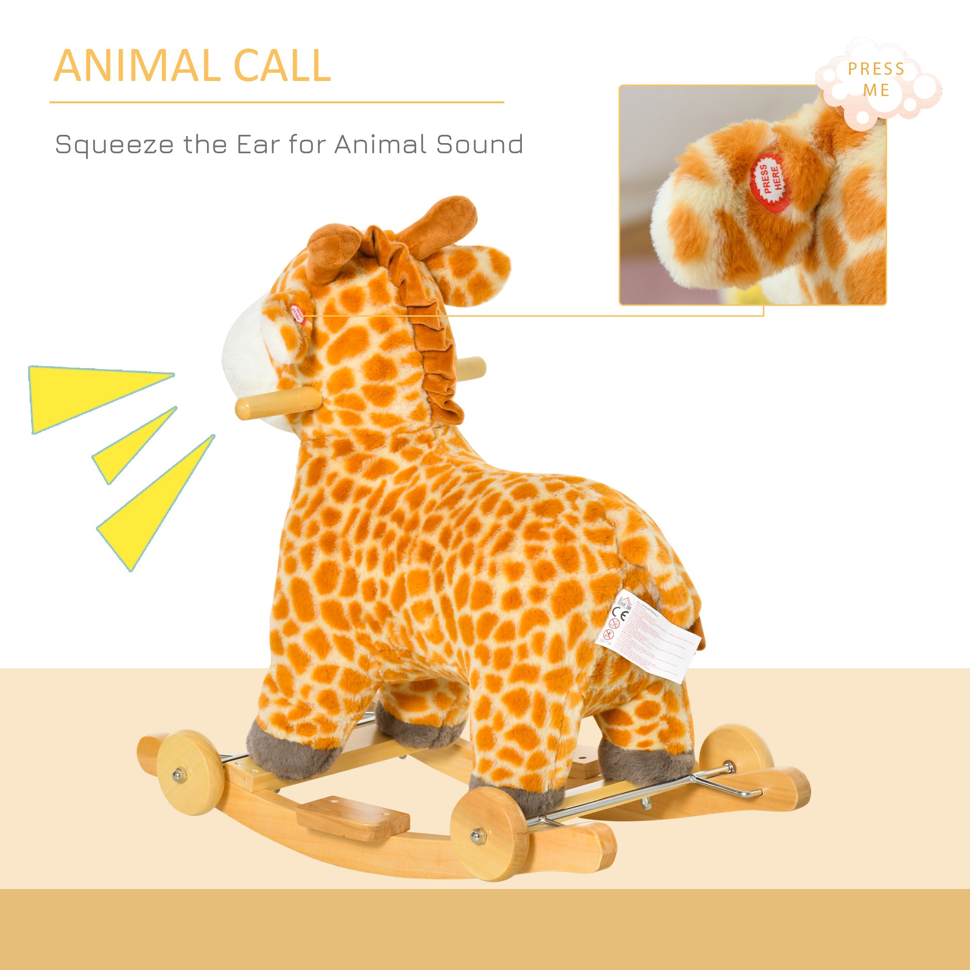 HOMCOM 2 In 1 Kids Todder Rocking Horse Plush Ride On Giraffe Rocker with Wheels Wooden Base Animal Sounds for 3-6 Years 