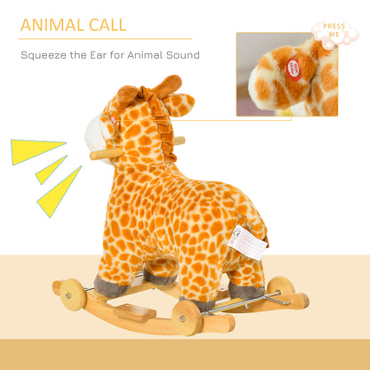 HOMCOM 2 In 1 Kids Todder Rocking Horse Plush Ride On Giraffe Rocker with Wheels Wooden Base Animal Sounds for 3-6 Years 