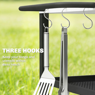 Outsunny Outdoor Grill Cart with Stainless Steel Tabletop, 3-Tier Pizza Oven Stand with Adjustable Shelf, Hooks, Wheels, Black 