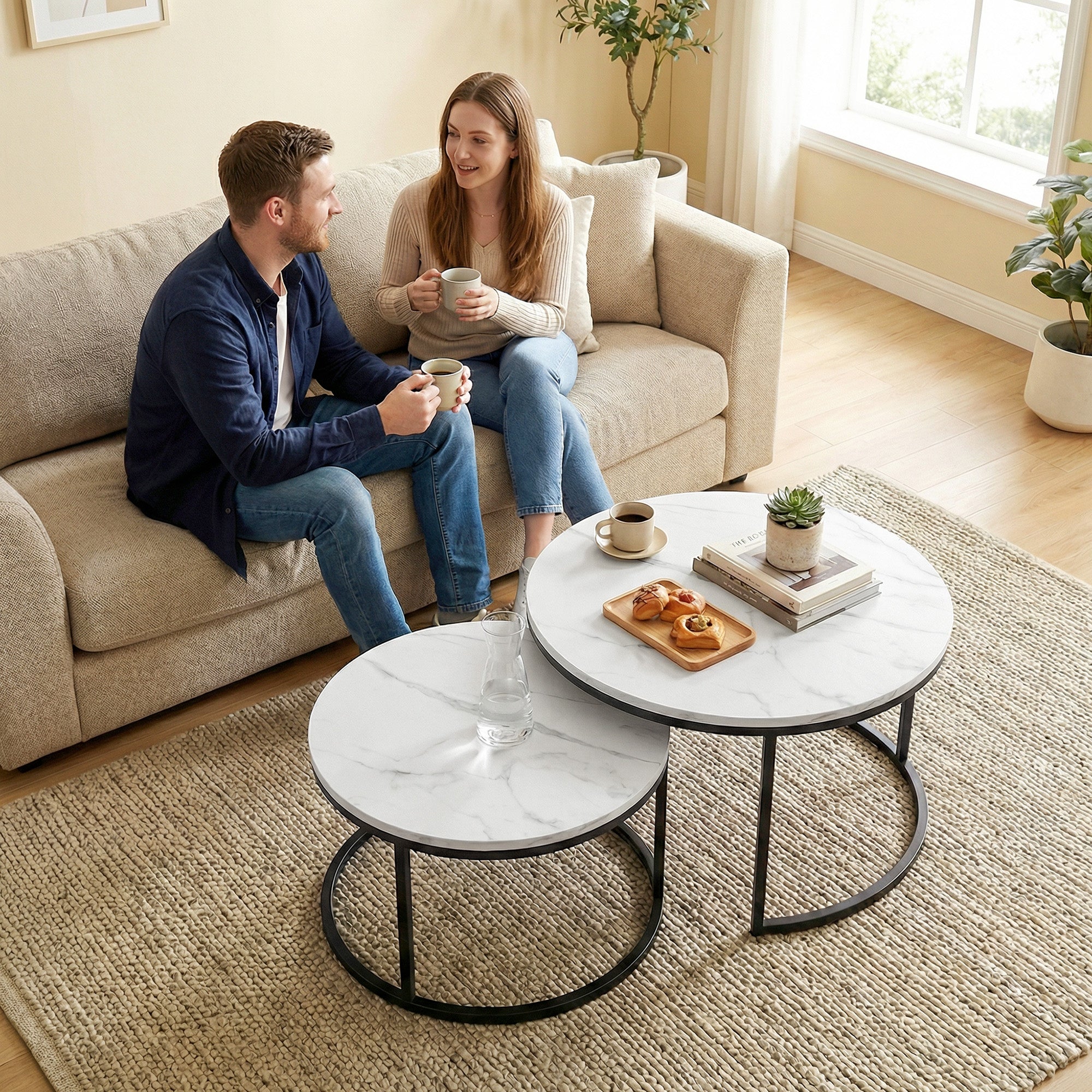 HOMCOM Set of Two Marble-Effect Stacking Tables - White 