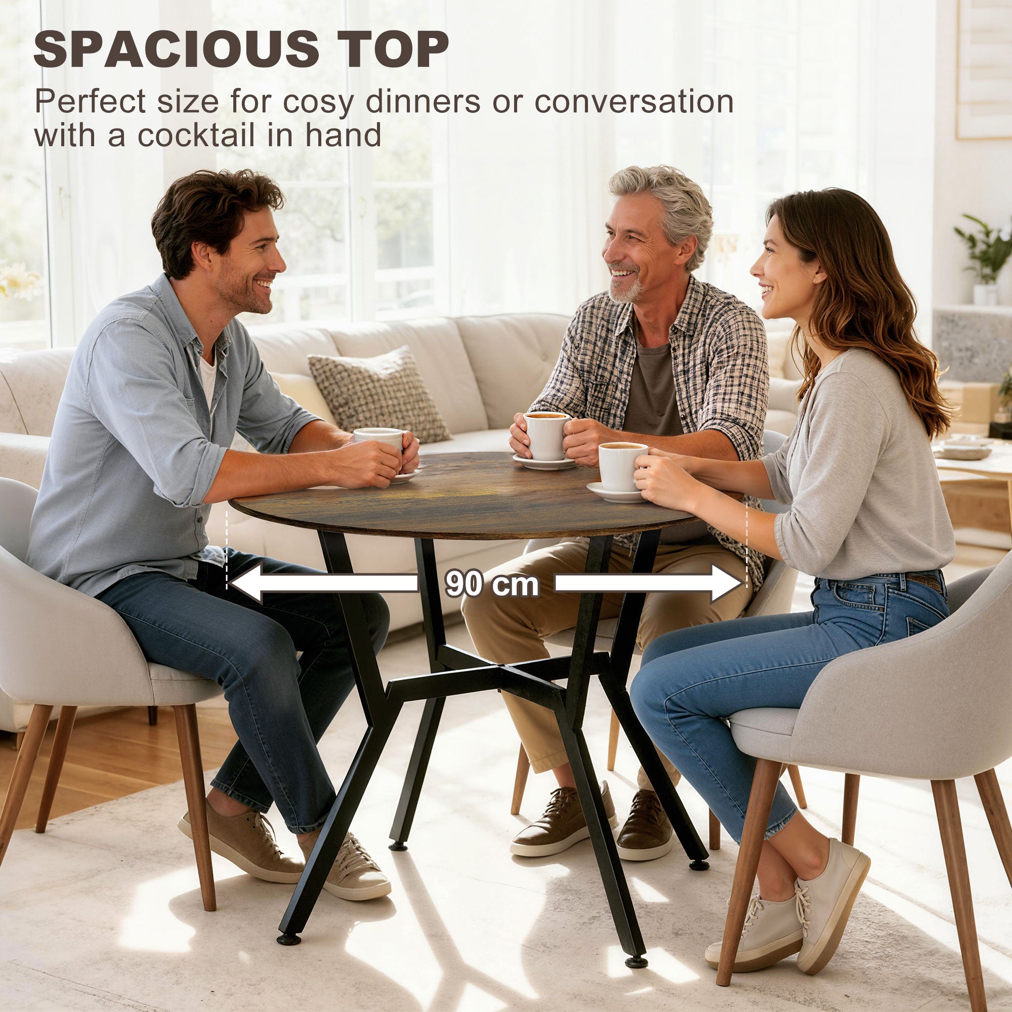 HOMCOM Dining Table, Round Kitchen Table with Black Legs, Anti-slip Foot Pads for Living Room, Dining Room 90 x 76 cm, Rustic Brown 