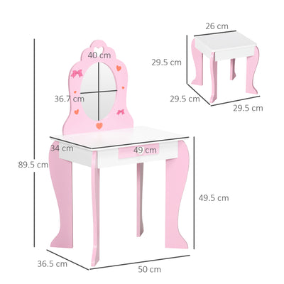 ZONEKIZ Kids Dressing table Set w/ Mirror, Stool, Drawer, Cute Patterns, for Ages 3-6 Years - Pink 