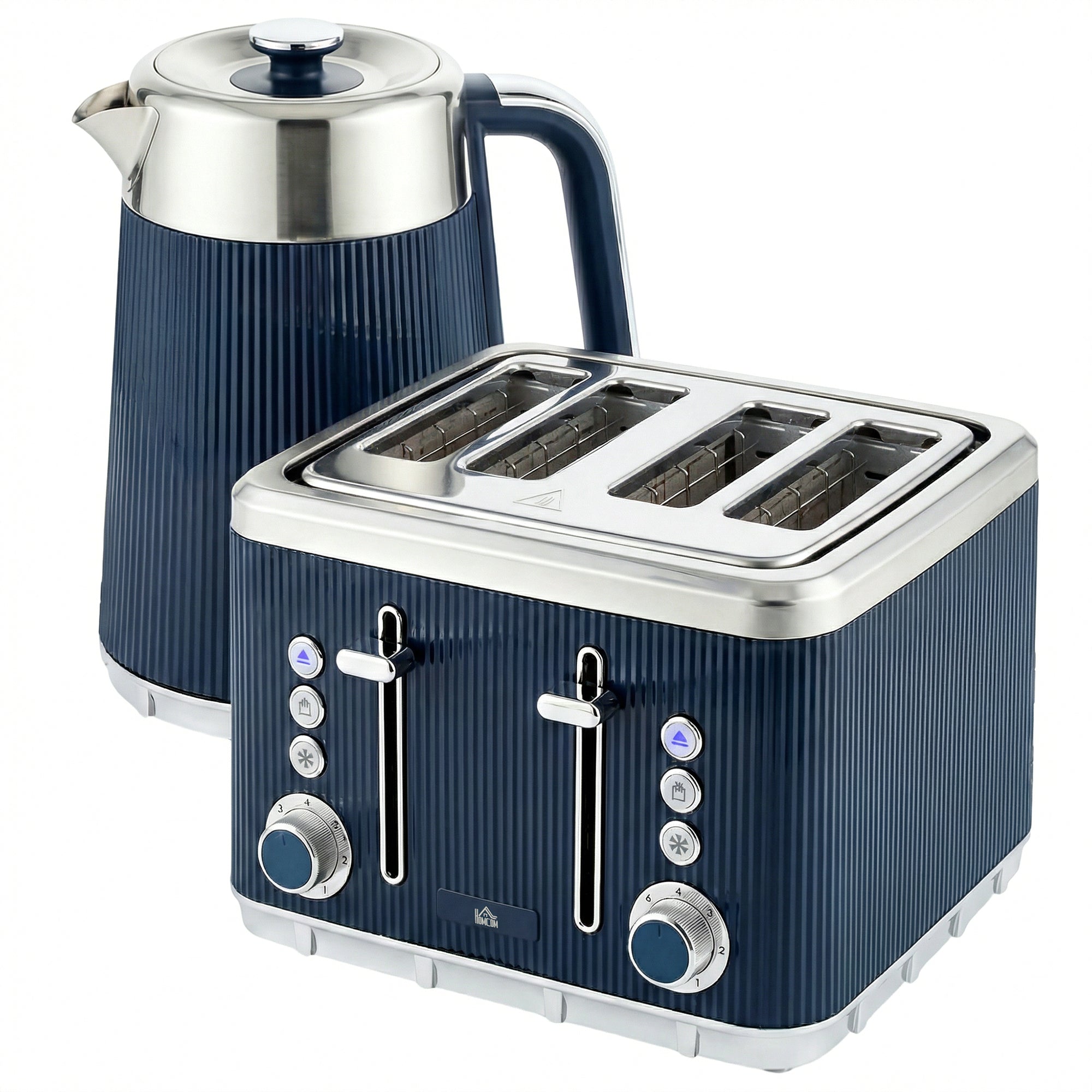 HOMCOM Electric Stainless Steel Kettle and Toaster Set, 3000W 1.7L UK Strix Thermostat Dark Blue 