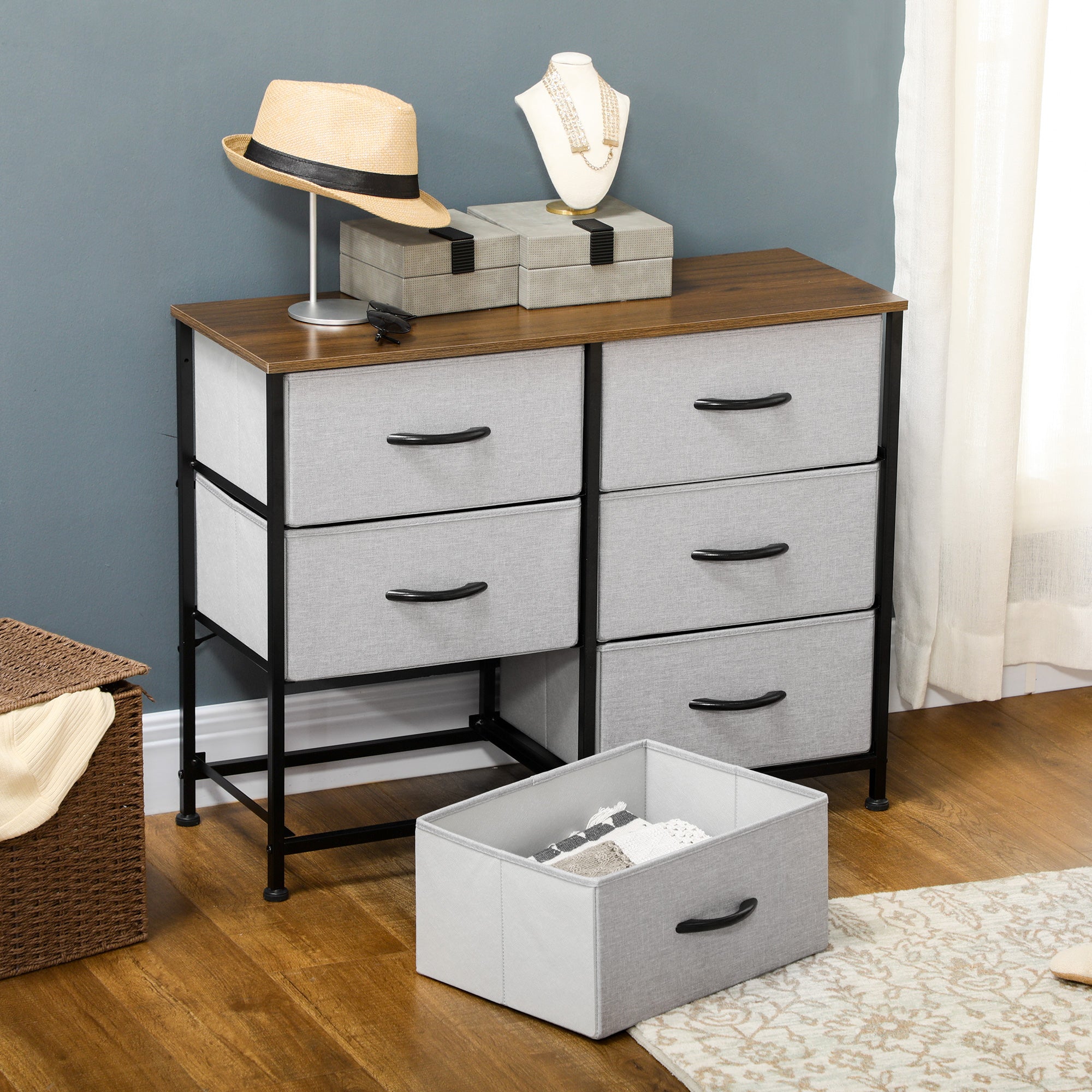 HOMCOM Fabric Chest of Drawers, Industrial Storage Bedroom Dresser with 6 Fabric Drawers, Steel Frame and Wooden Top for Nursery, Living Room, Hallway, Grey