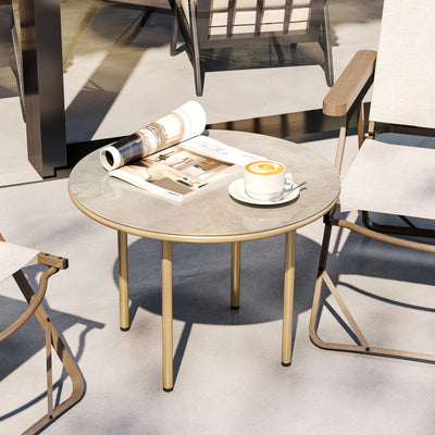 Outsunny Round Small Garden Table, 60cm Outdoor Side Table with Faux Marble Tempered Glass Top, Steel Frame for Garden Patio Balcony, Beige 