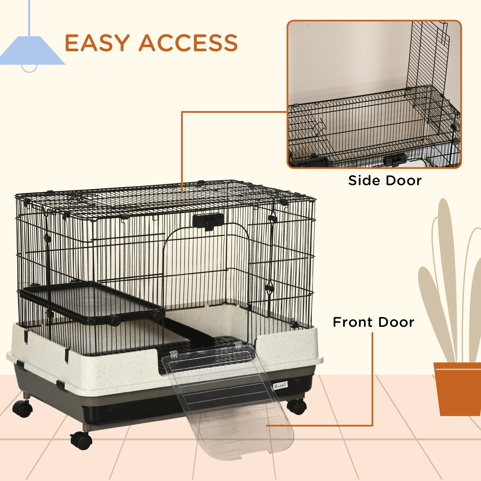 PawHut 2 Tier Rolling Small Animal Rabbit Cage Chinchillas Hutch Pet Play House with Platform Ramp Removable Tray 80 x 52.7 x 66 cm 